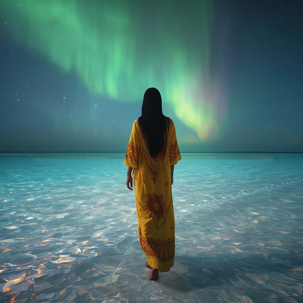 Futuristic Resort Wear on a Crystal Beach with Aurora Skies | instagram aesthetic ai prompt — AI image prompt