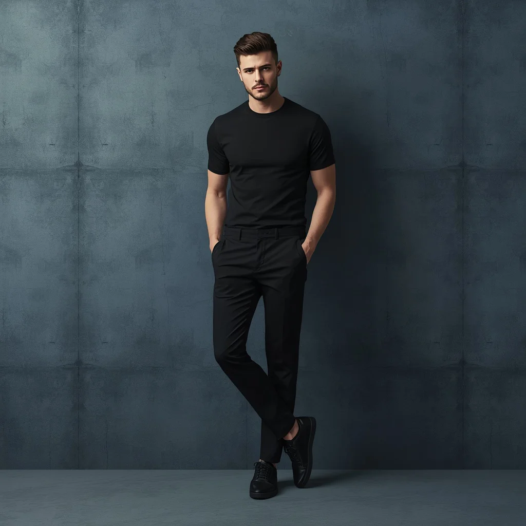 Modern Man in a Minimalist All-Black Outfit Against a Concrete Wall | Prompt for traditional look for boy instagram — AI image prompt