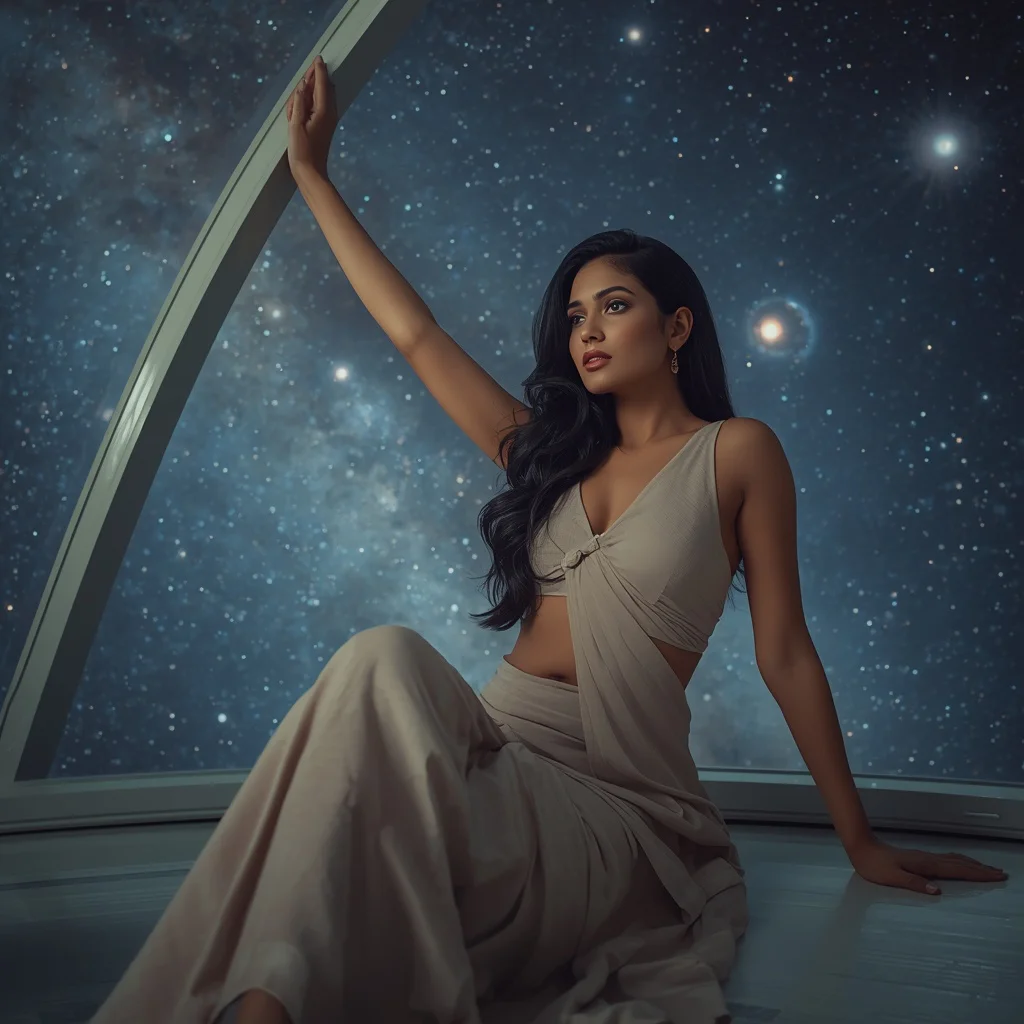 Premium Editorial Indian Co-ord Set in a Futuristic Observatory | New instagram trend prompt for girl copy and paste — AI image prompt