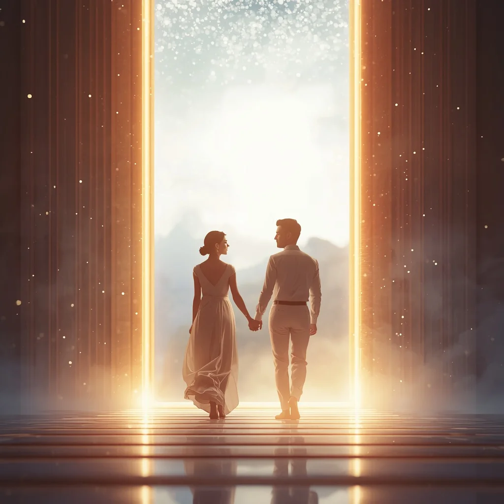 Romantic Couple Glimmering Portal Threshold New World Journey | best ai prompt 2026 — AI image prompt